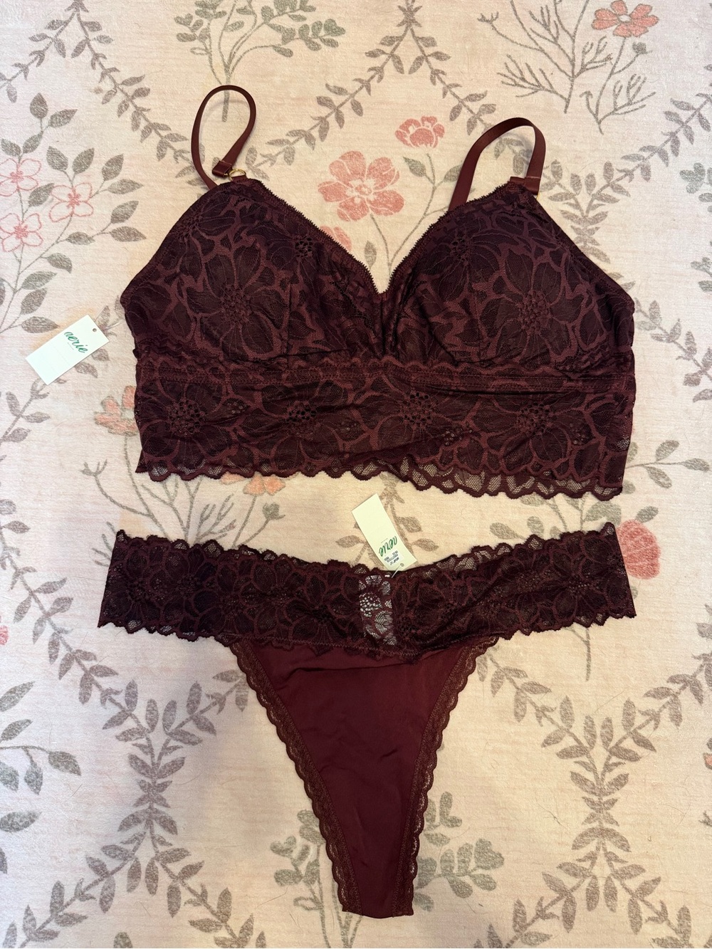 NWT aerie Lace Bralette & Thong Set - Deep Wine